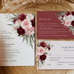 Burgundy Wedding Invitation Template, Boho Blush Pink Rose Wedding Invite Suite, Sage Marsala Floral Details Card, Printable RSVP, Download image 9