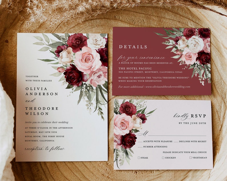 Burgundy Wedding Invitation Template, Boho Blush Pink Rose Wedding Invite Suite, Sage Marsala Floral Details Card, Printable RSVP, Download image 9