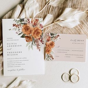 Terracotta Wedding Invitation Set Template, Boho Floral RSVP & Invite, Printable Elegant Burnt Orange Sage Rose Pampas Invitation, Download