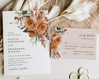 Terracotta Wedding Invitation Set Template, Boho Floral RSVP & Invite, Printable Elegant Burnt Orange Sage Rose Pampas Invitation, Download