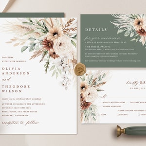 Boho Wedding Invitation Template, Sage Minimalist Wedding Invite Set, Elegant Floral Pampas Details Card, Terracotta Printable RSVP image 2