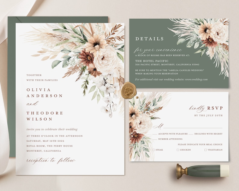 Boho Wedding Invitation Template, Sage Minimalist Wedding Invite Set, Elegant Floral Pampas Details Card, Terracotta Printable RSVP image 2