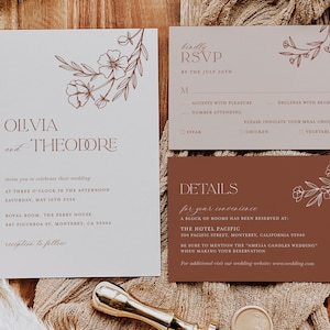 Conjunto de plantillas de invitación de boda minimalista, invitación de boda de terracota floral, tarjeta de detalles botánicos boho elegante y moderna, confirmación de asistencia imprimible