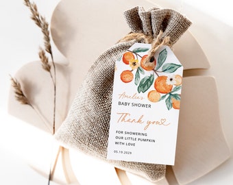 Plantilla de etiquetas de agradecimiento para baby shower "Little Cutie" (Etiqueta editable), etiquetas imprimibles neutras con aroma a flor de naranjo cítrico para baby shower, descarga gratuita.