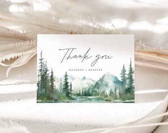 Mountain Wedding Thank You Card Template, Lake Woodland Forest Thank You Note, Rustic Sage Printable Thank You Table Place Card, Download