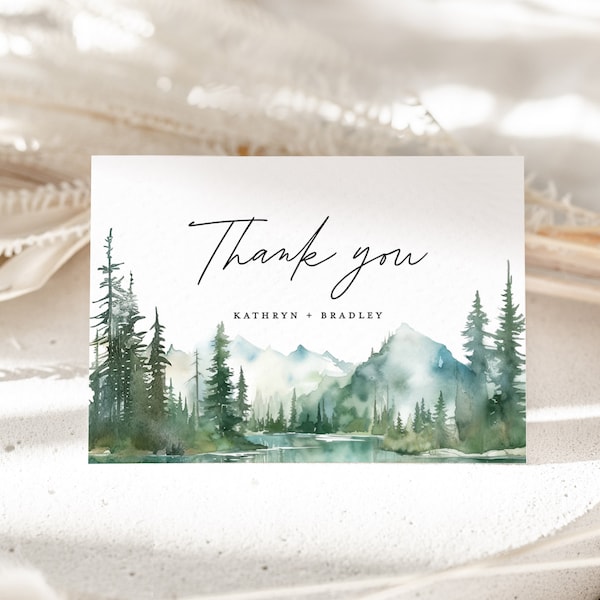 Mountain Wedding Thank You Card Template, Lake Woodland Forest Thank You Note, Rustic Sage Printable Thank You Table Place Card, Download