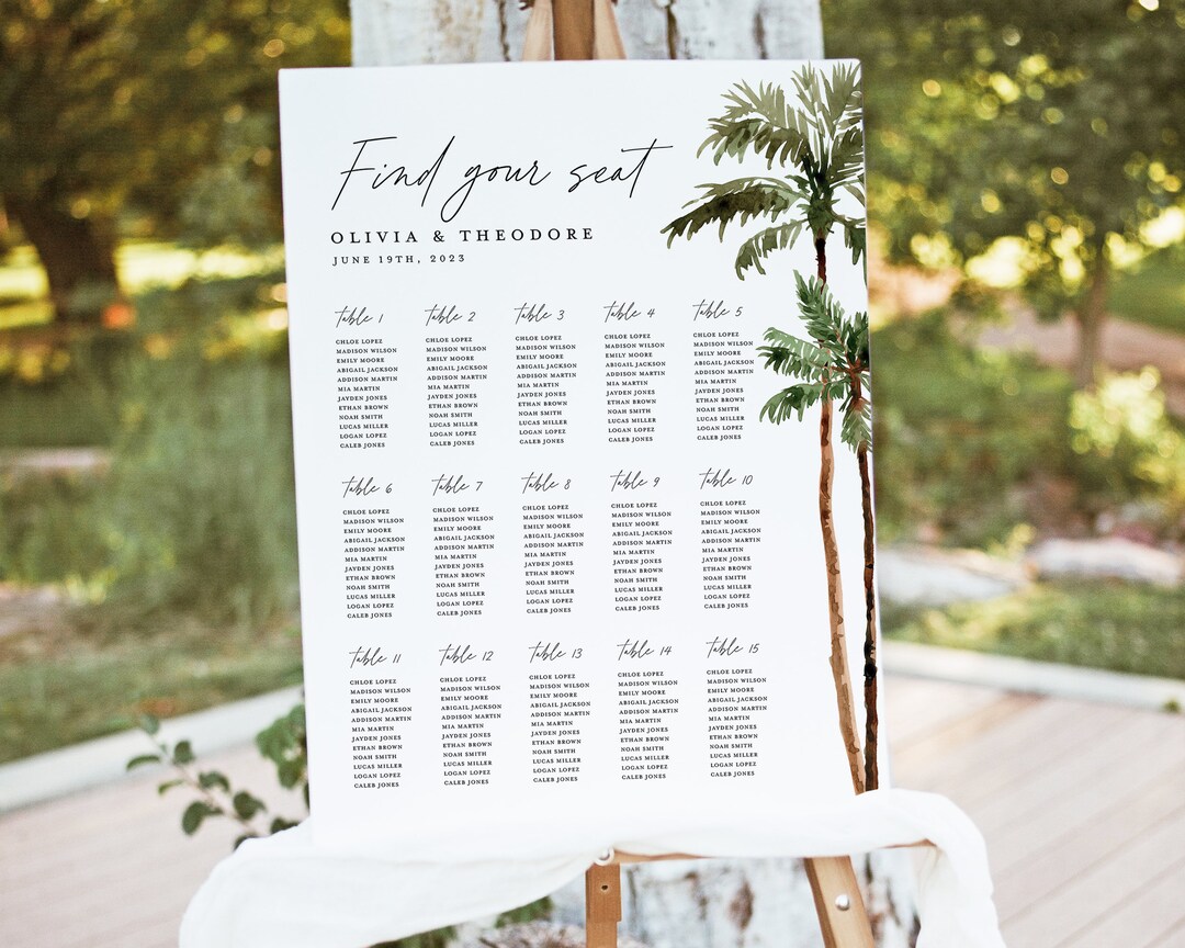 Palm Tree Wedding Seating Chart Sign Template, Tropical Sage Large ...