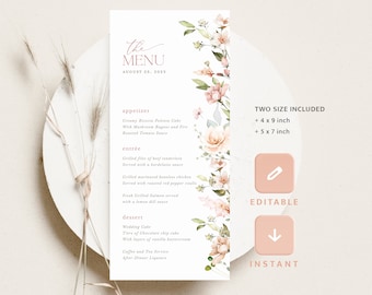 Boho Blush Pink Menu Template, Bridal Shower Wedding Menu Cards, Floral Elegant Printable Menu, Editable Brunch Dinner, Download, Leah