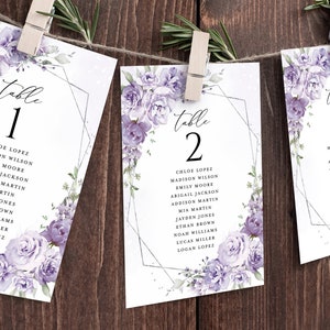 Modèle de carte de carte de table de mariage floral lavande, numéros de table argent lilas, table pour s'asseoir élégante suspendue modifiable, téléchargement
