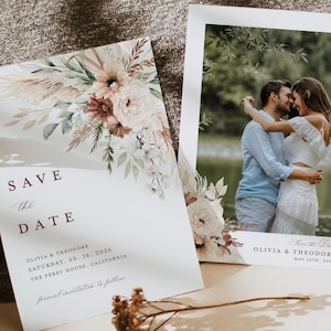 Boho Save The Date Karten Vorlage, Foto Sage Blumen Hochzeit Save The Dates, Elegante Terracotta Pampas Save The Date Karten, Instant Download