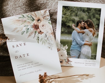 Boho Save The Date Cards Template, Photo Sage Floral Wedding Save The Dates, Elegant Terracotta Pampas Save The Date Cards, Instant Download