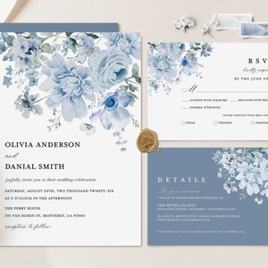Dusty Blue Minimalist Wedding Invitation Template, Steel Blue Floral Wedding Invite Set, Light Blue Details Card, Printable DIY RSVP, Livia