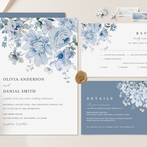 Modelo de convite de casamento minimalista azul empoeirado, conjunto de convite de casamento floral azul aço, cartão de detalhes azul claro, RSVP DIY para impressão, Livia