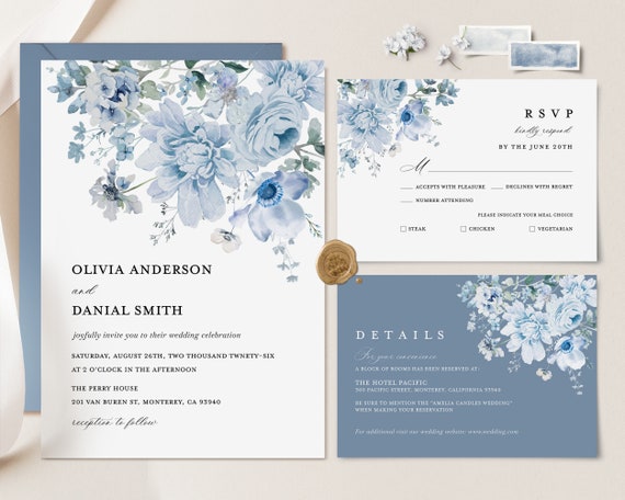 Dusty Blue Minimalist Wedding Invitation Template Steel Blue - Etsy