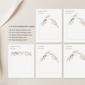 May include: Five different styles of envelope liners with a floral design. The liners are for A6 Euro Flap, A7 Euro Flap, A7 Square Flap, A6 Flap, and A7 Flap envelopes.