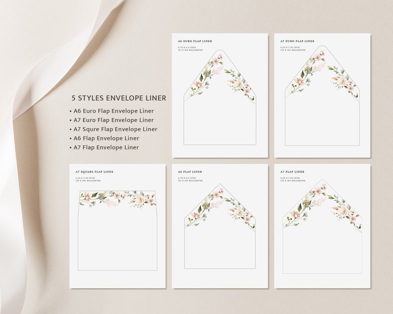 May include: Five different styles of envelope liners with a floral design. The liners are for A6 Euro Flap, A7 Euro Flap, A7 Square Flap, A6 Flap, and A7 Flap envelopes.