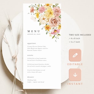 Pode incluir: Um modelo de menu de casamento imprimível com um design floral em tons de rosa, amarelo e verde. O menu inclui aperitivos, pratos principais e sobremesas. O texto "MENU" está no topo da página, com a data "AUGUST 25, 2023" abaixo. O texto "TWO SIZE INCLUDED" está no lado direito da página, com os tamanhos "4 x 9 inch" e "5 x 7 inch" listados abaixo. O texto "EDITABLE" e "INSTANT" também estão no lado direito da página.