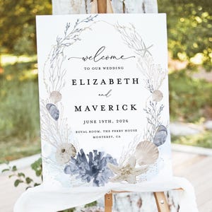 Plantilla de letrero de bienvenida para boda en la playa estilo bohemio, letrero de recepción azul, letrero imprimible de concha náutica para destino, descarga