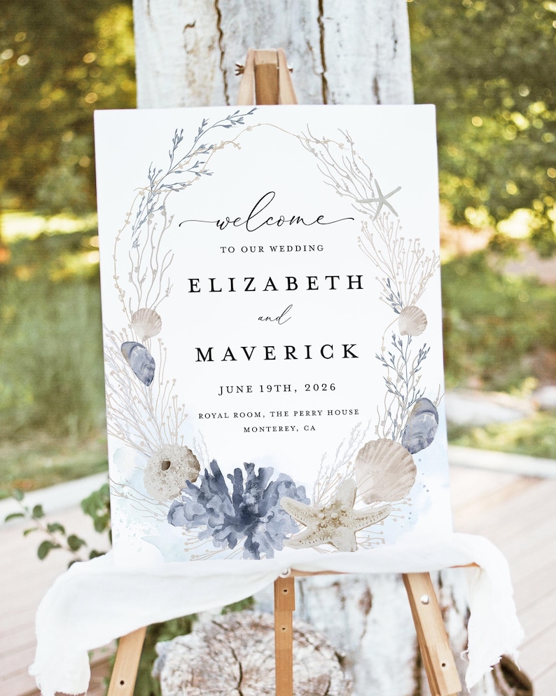 Boho Beach Ocean Wedding Welcome Sign Template, Blue Reception Decor Sign, Printable Nautical Sea Shell Destination Large Signage, Download image 1