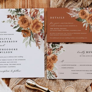 Terracotta Wedding Invitation Template Set, Boho Floral Wedding Invite Suite, Modern Burnt Orange Rose Elegant Details, Pampas RSVP image 1