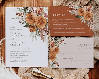 Conjunto de plantillas de invitación de boda de terracota, suite de invitación de boda floral boho, detalles elegantes de rosa naranja quemada moderna, confirmación de asistencia de Pampas