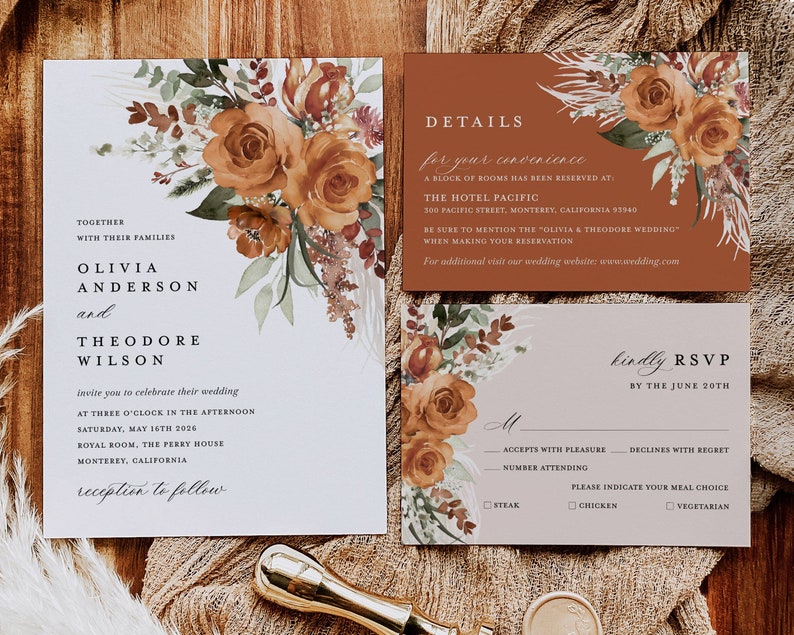 Terracotta Wedding Invitation Template Set, Boho Floral Wedding Invite Suite, Modern Burnt Orange Rose Elegant Details, Pampas RSVP image 1