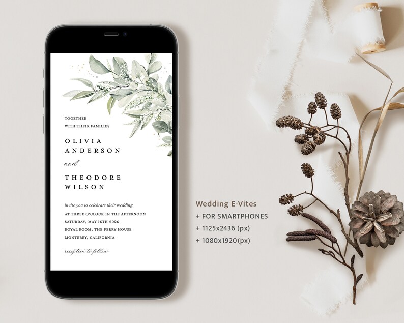 Invitación mínima electrónica, Sage Green Boho Evite, plantilla de invitación de iPhone de boda de eucalipto, invitación editable de teléfono inteligente digital, Cloe imagen 2
