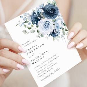 Dusty Blue Navy Wedding Invitation Template Set, Floral Boho Wedding Invites Suite, Elegant Garden Steel Light Blue Rose Details RSVP image 9