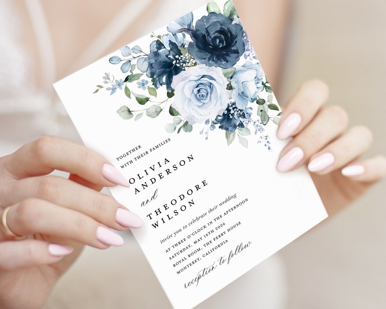 Dusty Blue Navy Wedding Invitation Template Set, Floral Boho Wedding Invites Suite, Elegant Garden Steel Light Blue Rose Details RSVP image 9