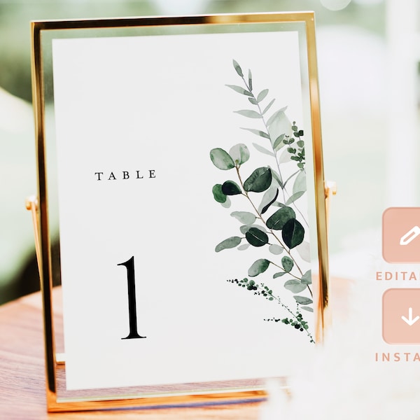 Sage Green Wedding Table Number Card Template, Greenery Table Numbers, Forest Botanical Rustic Printable DIY Table Number Cards, Download