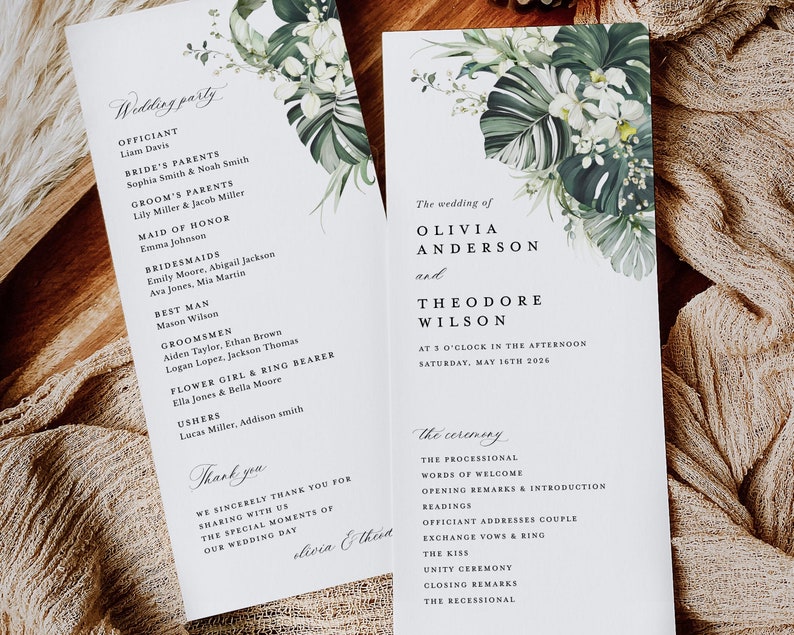 Tropical Wedding Programs Template, Monstera Ceremony Program, Boho Sage Palm Tree Destination Beach Itinerary, Printable, Instant Download image 2