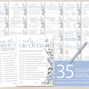 Dusty Blue Bridal Shower Games Bundle, Printable Floral Wildflower Shower Game Set, Editable Light Steel Blue Games Pack Template, Download