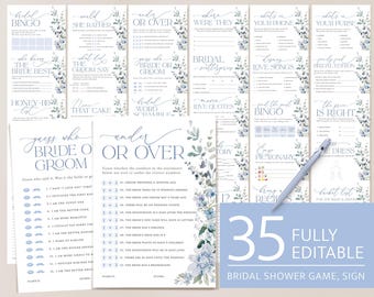 Dusty Blue Bridal Shower Games Bundle, Printable Floral Wildflower Shower Game Set, Editable Light Steel Blue Games Pack Template, Download