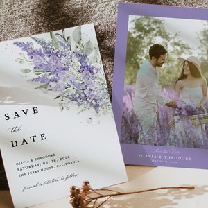 Lavendel Save the Date Karten Vorlage, Foto Flieder Boho Blumen Hochzeit Save The Dates, Elegante Sage Greenery Save the Date Karten, Download
