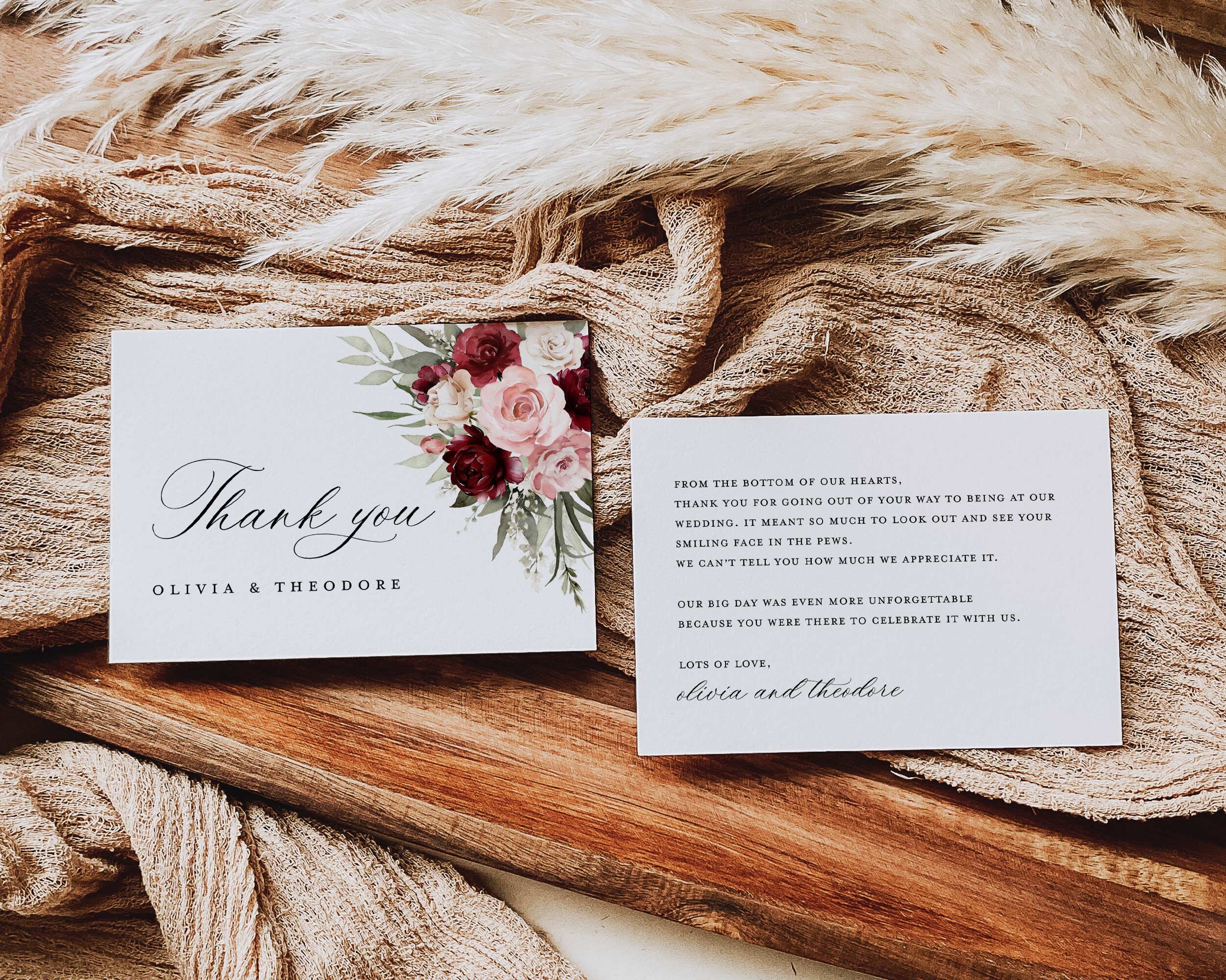 Burgundy Blush Wedding Thank You Card Template, Boho Floral Thank You ...