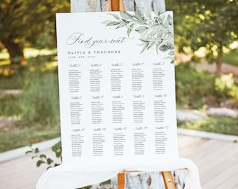 Wedding Seating Chart Template, Printable Sage Green Large Guest Seating Chart Sign Board, Editable Minimal Greenery Table Seating, Cloe
