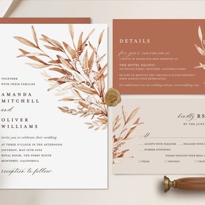 Modèle de faire-part de mariage en terre cuite, ensemble d'invitations de mariage d'automne rustique, carte de détails orange brûlé élégant verdure bohème, RSVP imprimable