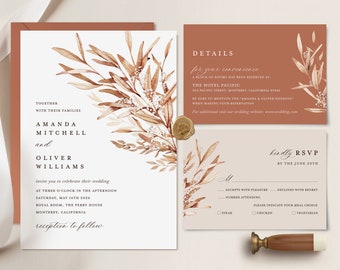 Terracotta Wedding Invitation Template, Rustic Fall Wedding Invite Set, Burnt Orange Elegant Boho Greenery Details Card, Printable RSVP
