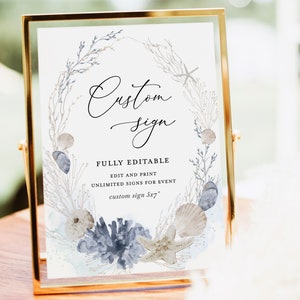 Plantilla de signo de boda personalizado de Boho Beach, signo de decoración de la mesa de recepción del océano azul, cartel de signo de destino náutico imprimible editable