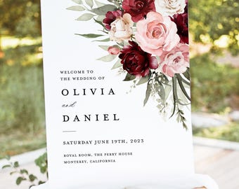 Burgundy Wedding Welcome Sign Template, Boho Blush Pink Rose Reception Decor Sign, Printable Sage Marsala Maroon Floral Large Signage