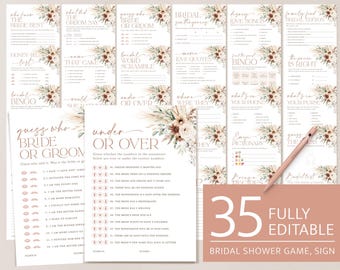 Boho Floral Bridal Shower Games Bundle Template, Printable Terracotta Sage Bridal Brunch Game Set, Pampas Games Package, Instant Download