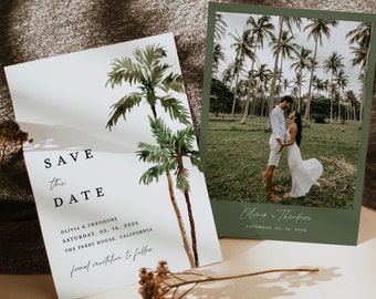 Palm Tree Save The Date Template, Photo Sage Wedding Save The Dates, Destination Beach Tropical Save The Date Cards, Instant Download