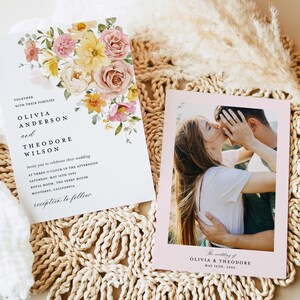 Conjunto de modelos de convites de casamento em tons pastéis coloridos, conjunto de convites de casamento florais em rosa e amarelo, detalhes do jardim de primavera em tom boho, RSVP, download imagem 13