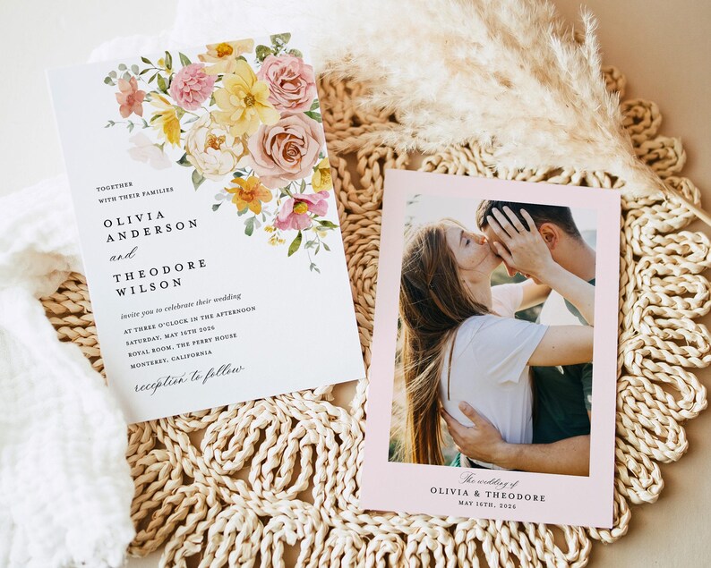 Conjunto de modelos de convites de casamento em tons pastéis coloridos, conjunto de convites de casamento florais em rosa e amarelo, detalhes do jardim de primavera em tom boho, RSVP, download imagem 13