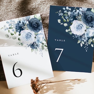 Dusty Blue Navy Wedding Table Numbers Card Template, Boho Floral Table Numbers, Elegant Garden Steel Light Blue Printable Table Number Cards