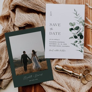 Sage Green Save The Date Template, Minimal Photo Wedding Save The Dates, Printable Greenery Rustic Botanical Save The Date Cards, Download image 3