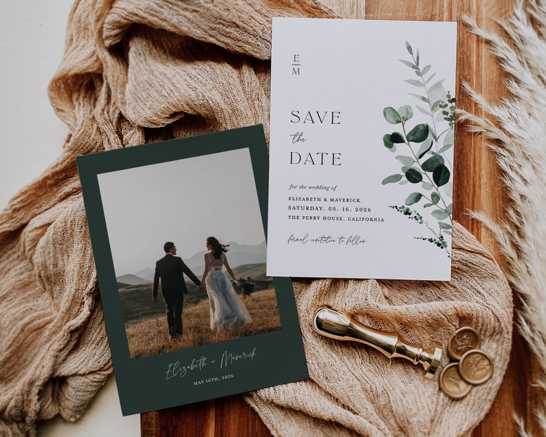 Sage Green Save The Date Template, Minimal Photo Wedding Save The Dates, Printable Greenery Rustic Botanical Save The Date Cards, Download image 3