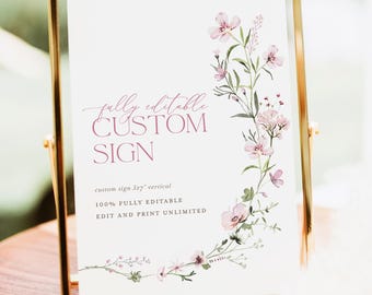 Szablon niestandardowego znaku ślubnego w kolorze różowego różu, dekoracja stołu weselnego w stylu boho wildflower, edytowalny niestandardowy znak prysznicowy w kolorze szałwii i różu, pobierz