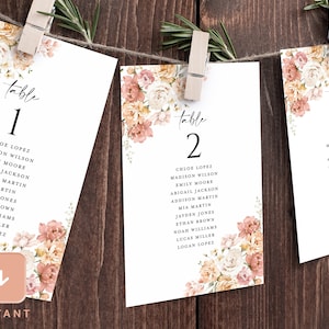 Modèle de carte de carte de table de mariage rose poudré, carte de numéro de Table bohème, planche pour asseoir invité suspendue floral rose blush modifiable, téléchargement