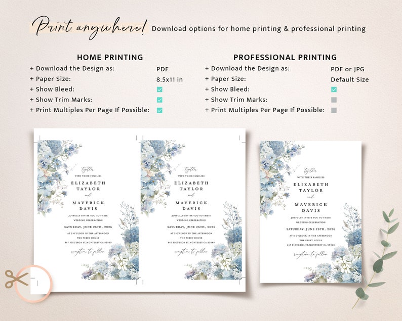 Dusty Blue Wedding Invitation Template, Boho Floral Wedding Invite Card, Printable Elegant Garden Light Steel Blue Invitations, Download image 7